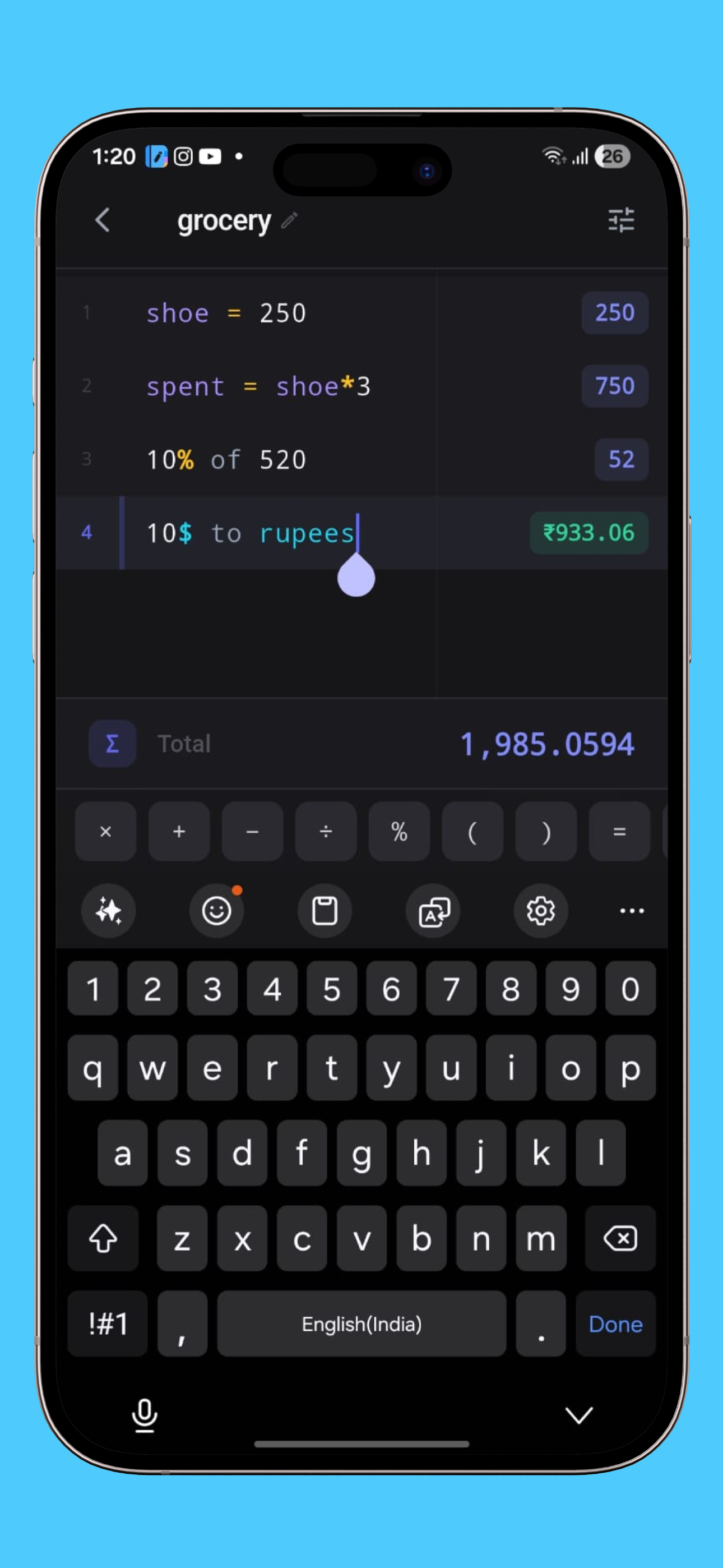 CalcBook screenshot showing natural language math with currency calculations