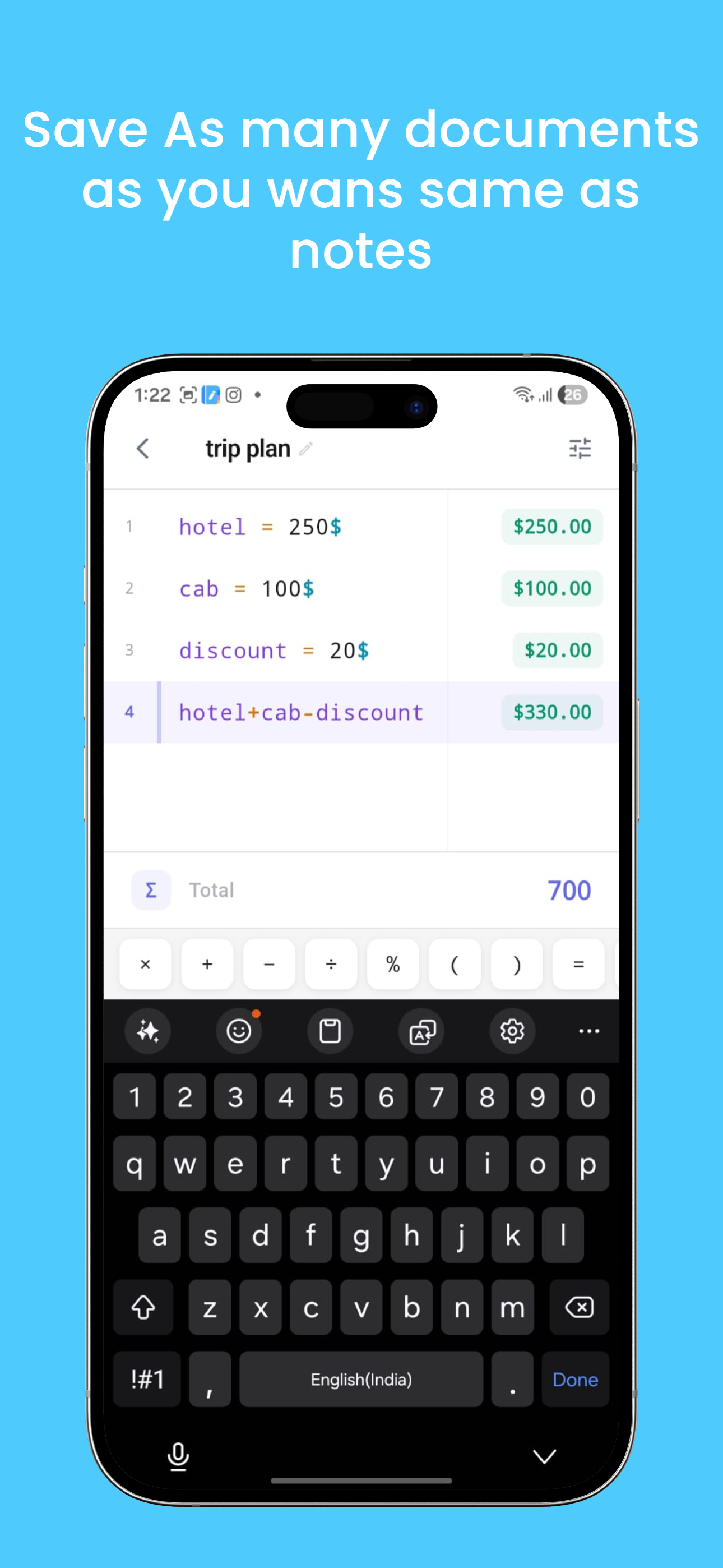CalcBook screenshot showing unit conversion and date arithmetic